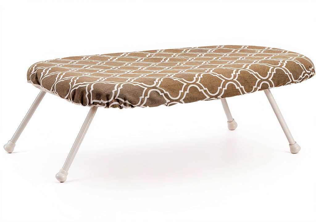 Compact tabletop ironing board set up on a kitchen counter