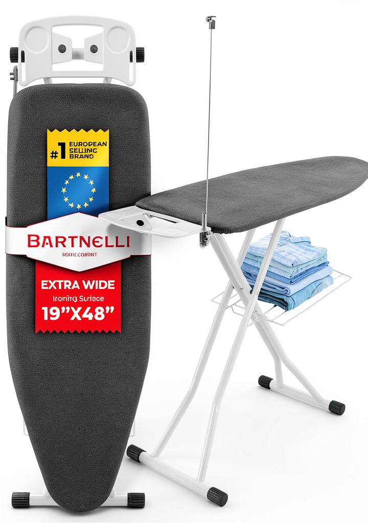 Bartnelli ironing board in use on a gray fabric surface