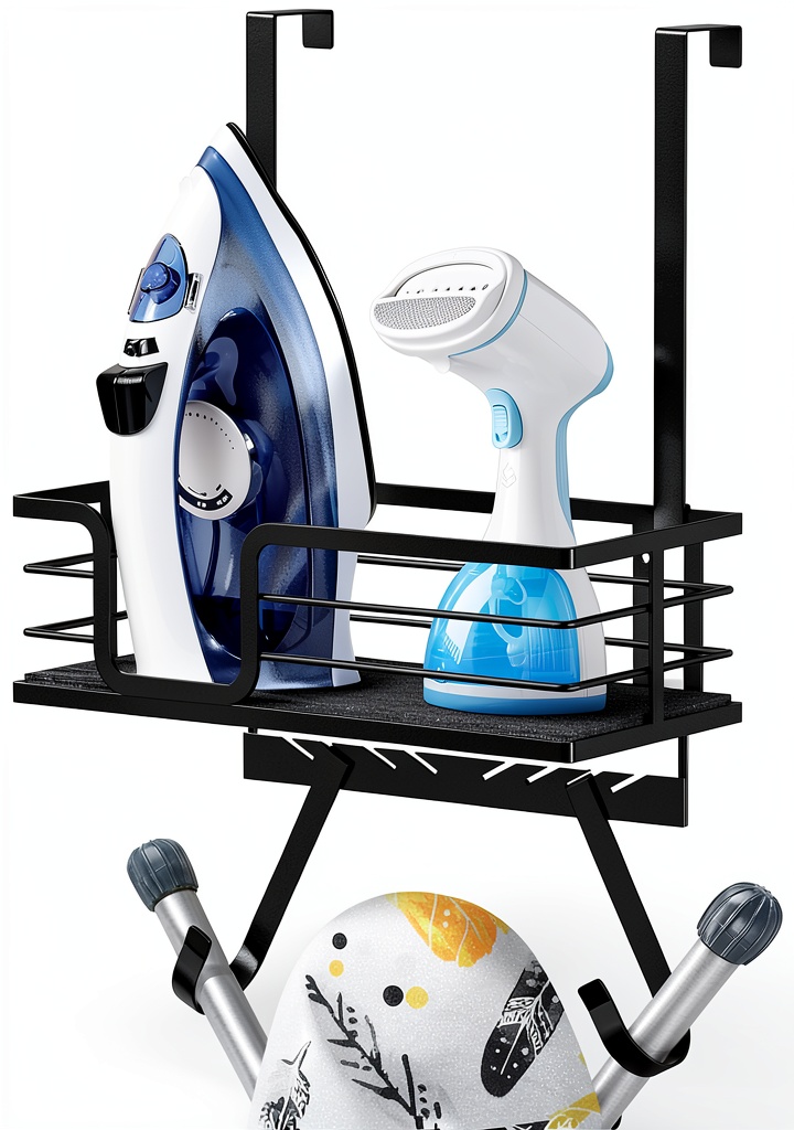'TJ MOREE ironing board holder mounted on a laundry room wall'