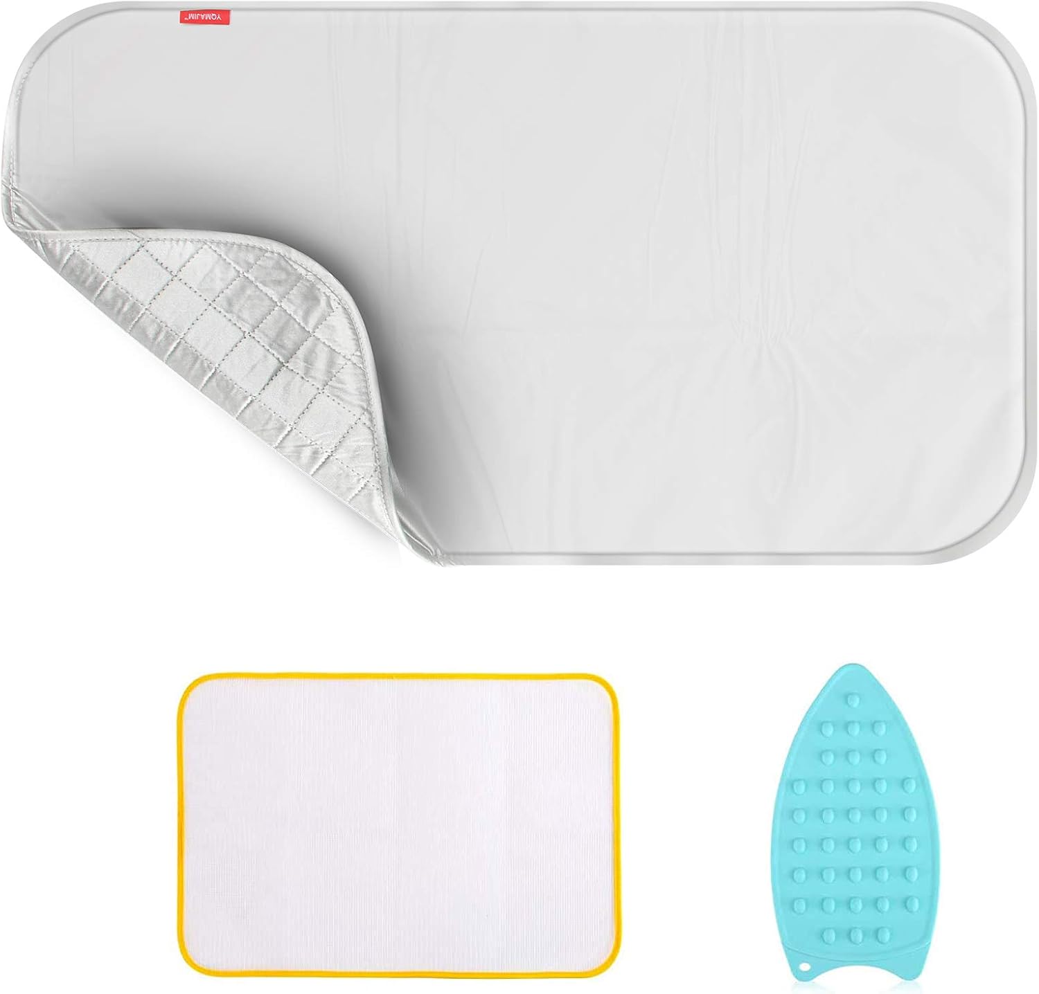 YQMAJIM ironing mat laid flat on a table showcasing its silver surface and size options