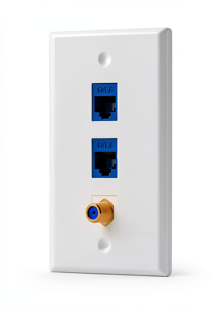 Installing Coax and CAT6 Wall Plate IBL Plastic Snap‑On on a wooden desk