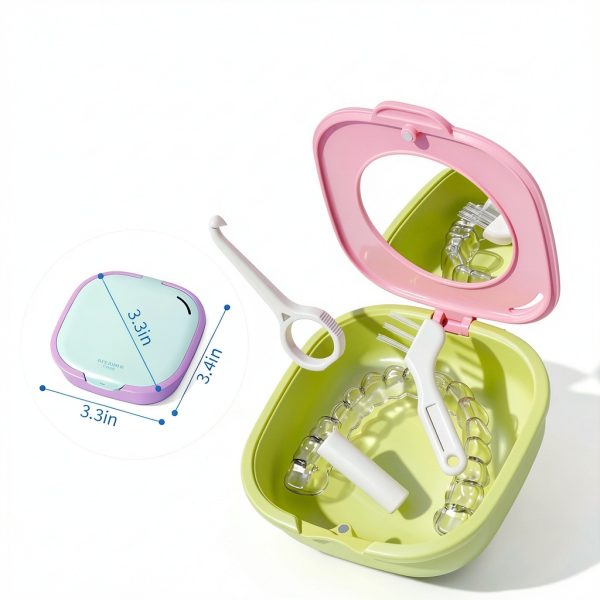 Magnetic Retainer Box with Mirror, Compact Denture Case with Vent Holes & Retainer Remover Tool & Chewies & Brush, Protable Aligner Cleaner Case for Night Mouth Guards, Braces (Blue Purple)-2
