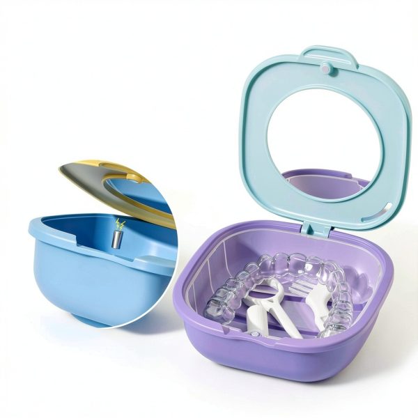 Magnetic Retainer Box with Mirror, Compact Denture Case with Vent Holes & Retainer Remover Tool & Chewies & Brush, Protable Aligner Cleaner Case for Night Mouth Guards, Braces (Blue Purple)-3