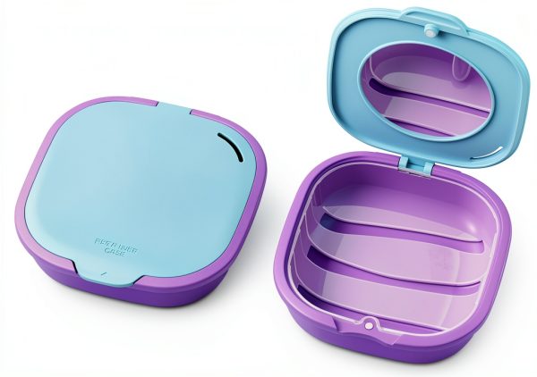 Magnetic Retainer Box with Mirror, Compact Denture Case with Vent Holes & Retainer Remover Tool & Chewies & Brush, Protable Aligner Cleaner Case for Night Mouth Guards, Braces (Blue Purple)-0